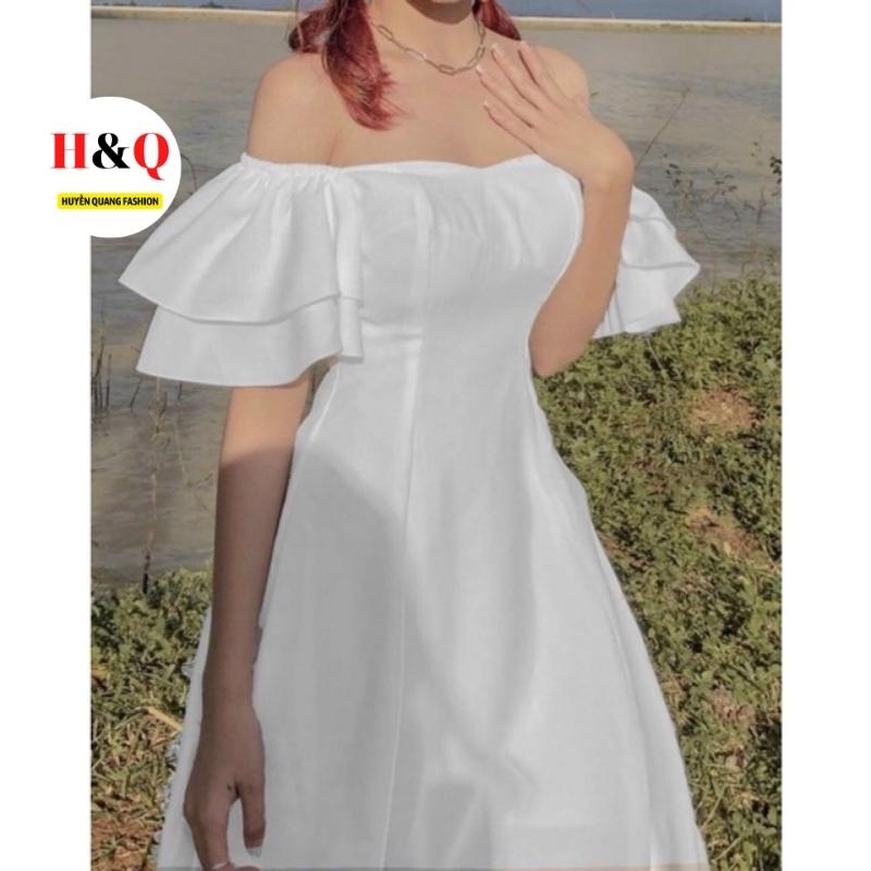 Váy Nữ Trễ Vai Tay Bồng Dáng Xòe Tiểu Thư Style Hàn Quốc 2 Màu Đen Trắng.