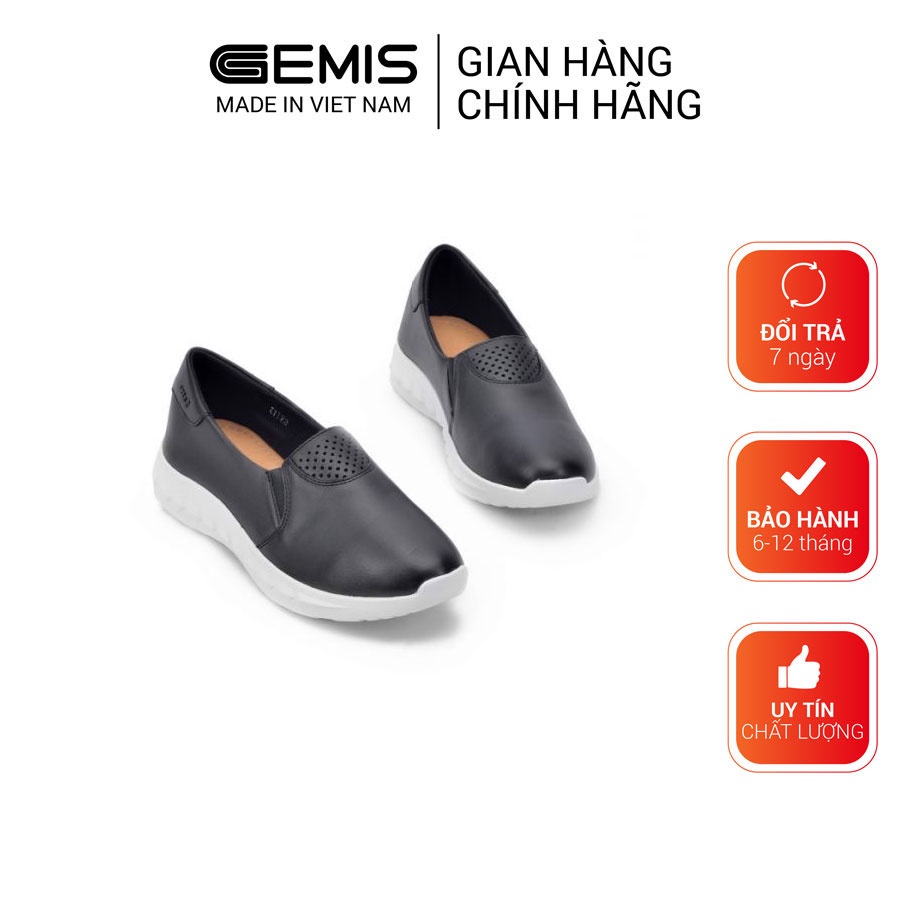 Giày slip on đế cao da bò 3cm GEMIS – 4100 Đen/Trắng