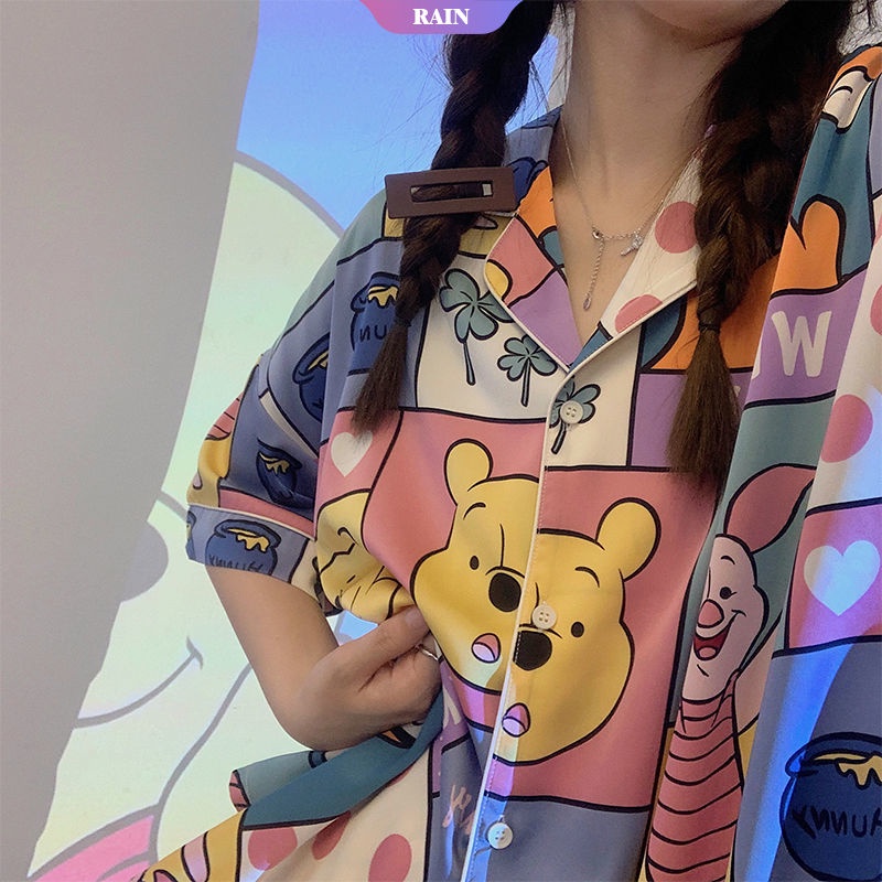 Bộ Đồ Ngủ Ngắn Tay In Hoạt Hình Gấu Pooh / Heo Đáng Yêu Dành Cho Nữ