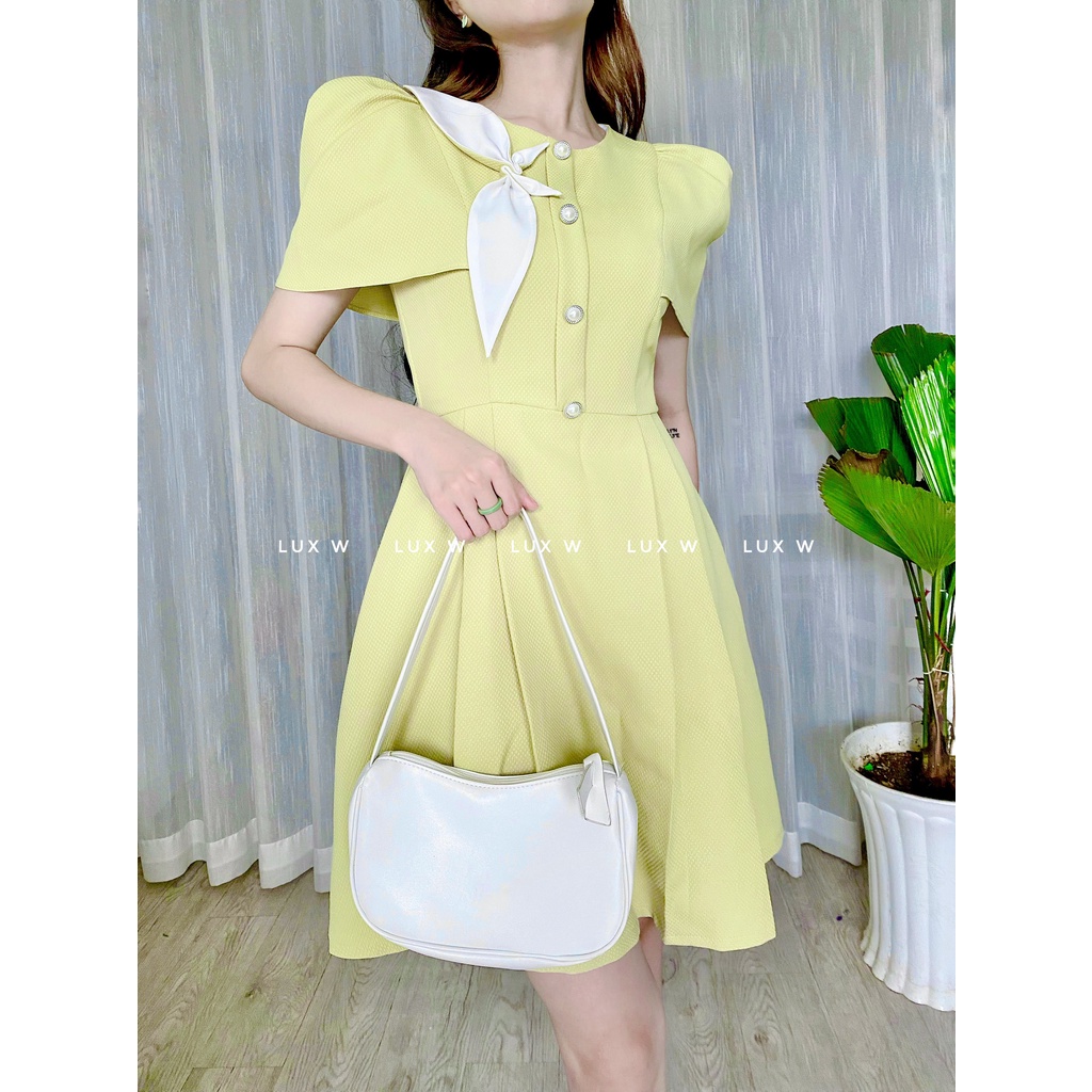 Đầm nữ đầm dự tiệc sang trọng thanh lịch thiết kế cao cấp xòe xếp ly tay chùm vàng bơ thời trang đi tiệc đi làm - Lux W