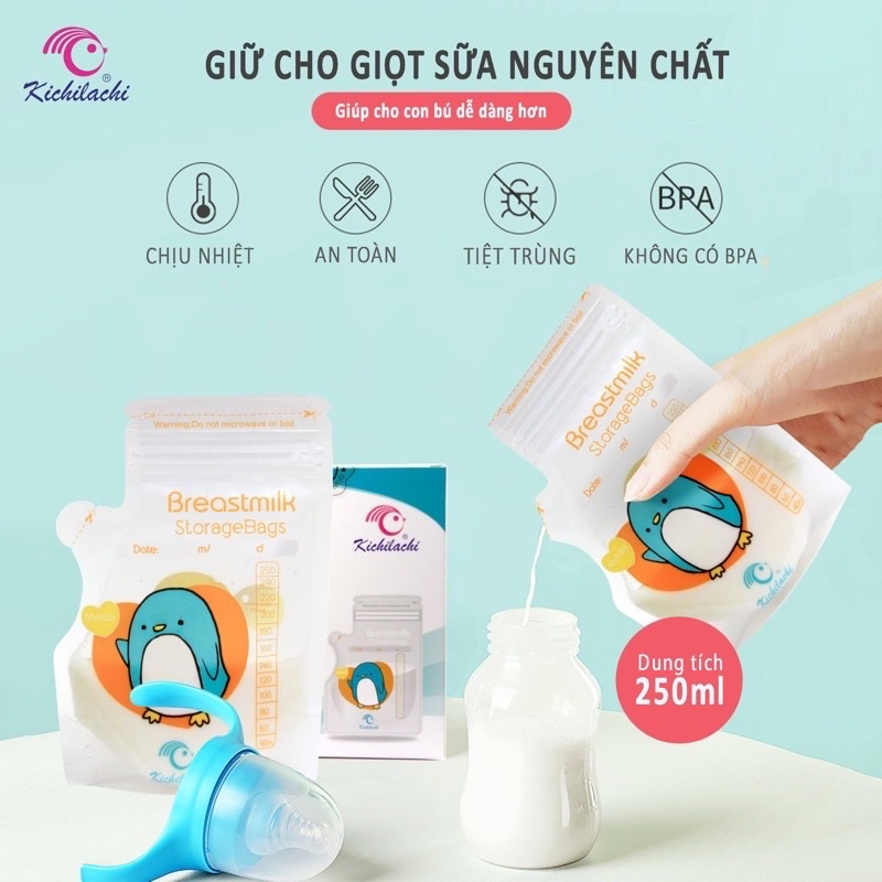 Túi trữ sữa 250ml kichilachi có vòi hình gà, túi 2 khoá zip chắc chắn (50 túi)