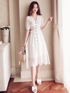 Đầm trắng nhúng thun eo (kèm hình thật)