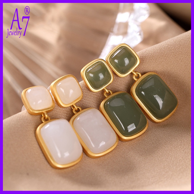 Bông Tai Bạc A7 S925 Đính Đá Ngọc Bích Hình Vuông Thời Trang Cho Nữ