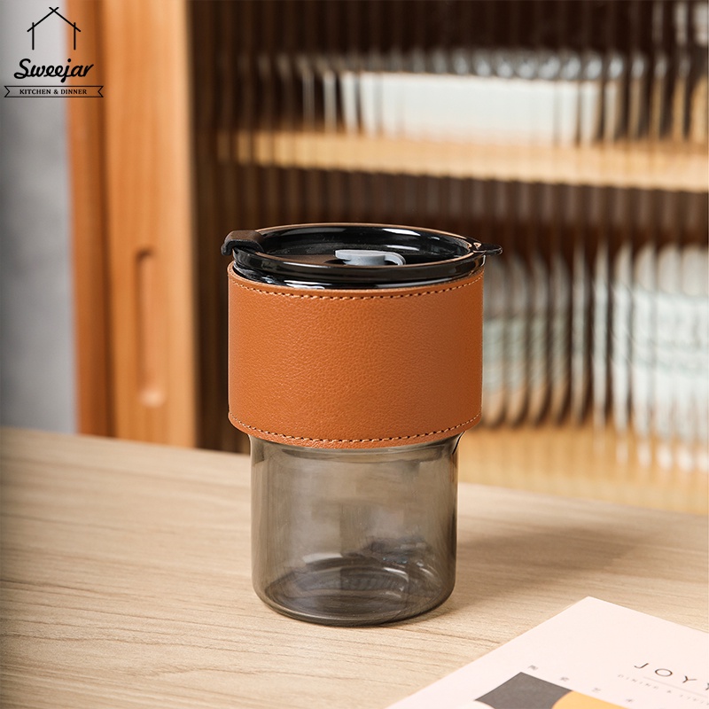 SWEEJAR Cốc uống nước  bằng thủy tinh borosilicate có nắp và vỏ bọc cầm tay bằng da chịu nhiệt cao 300ml