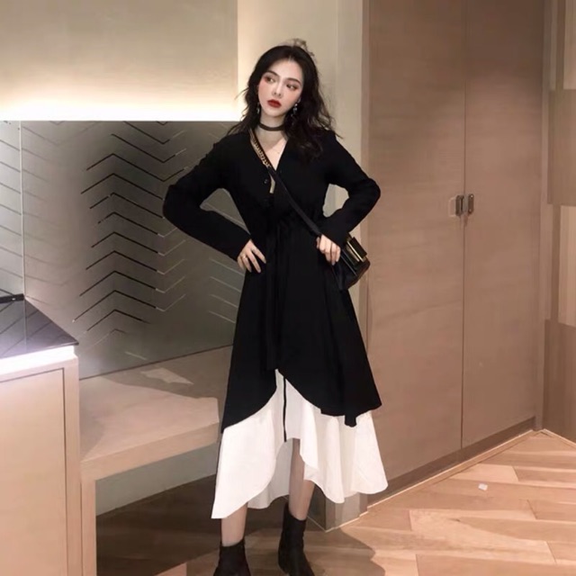 Set váy xoè cổ chéo + váy 2 dây mix màu đen trắng Ulzzang siêu chất ❤️