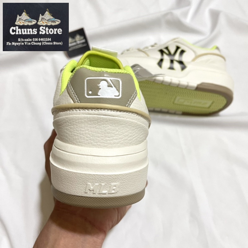 Giày MLB chunky Ofwhite x Mcqueen NY trắng kem vàng da nhăn cao cấp