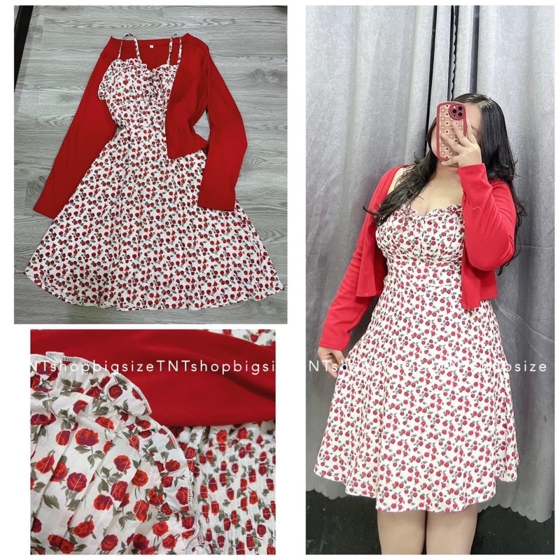 [Shop bigsize nữ 50kg đến 90kg] Đầm hoa hai dây kèm áo khoác đỏ - Shop Táo Đỏ Bigsize HCM