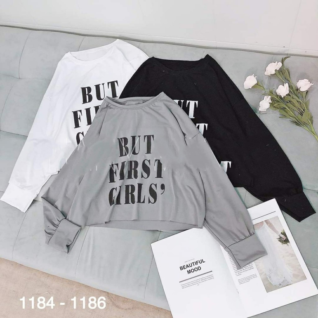 [ CHÁY HÀNG Áo croptop tay dài oversize in chữ BUT