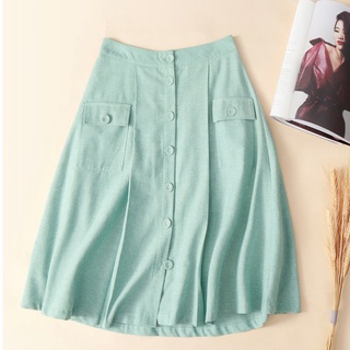Chân váy Linen KACHISA nút bọc màu xanh ngọc 2 lớp dáng xòe phối túi