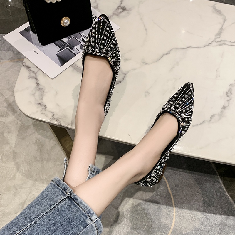 Giày Búp Bê Da Đế Bằng Mũi Nhọn Đính Đá Pha Lê Thời Trang Cho Nữ