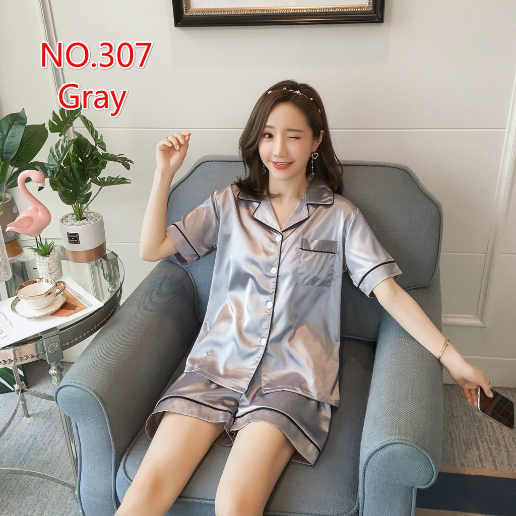 Bộ đồ ngủ vải lụa satin ngắn tay thời trang dành cho nữ
