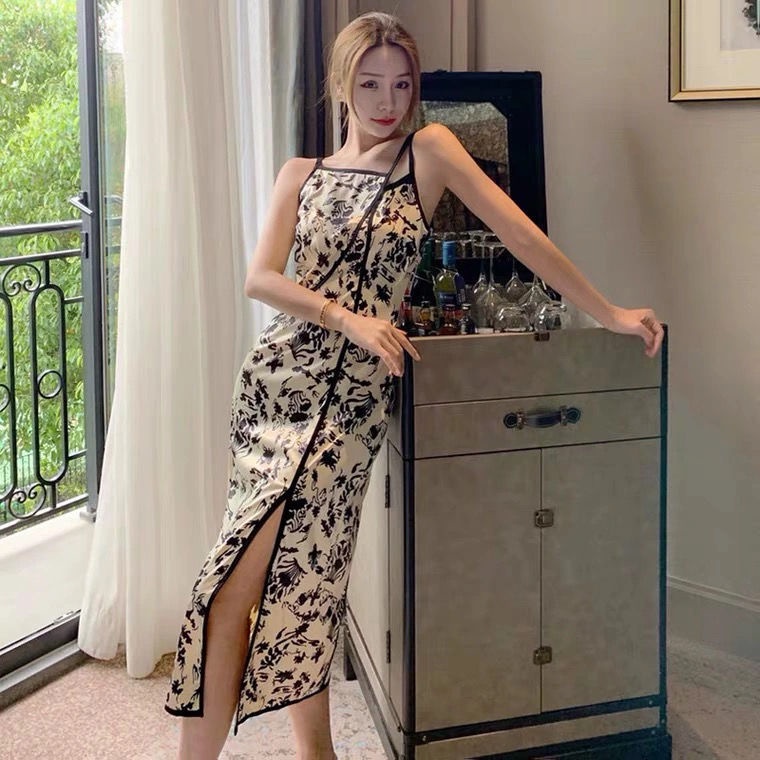 Đầm sườn xám hai dây họa tiết hoa thời trang mùa hè cho nữ