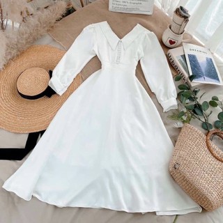 Đầm váy freesize trắng tay dài nút bọc