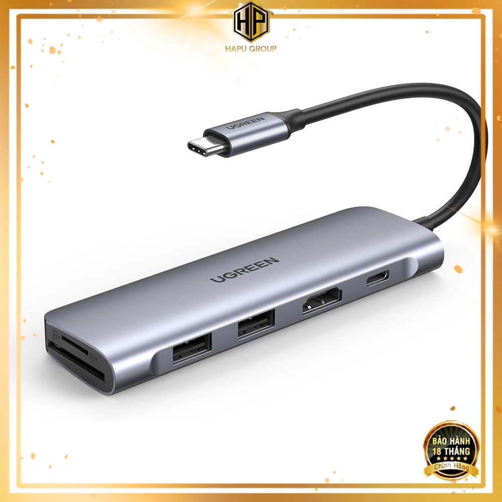 Cáp chuyển đa năng USB-C Ugreen 70411 sang HDMI, USB 3.0, đọc thẻ SD,TF, hỗ trợ sạc USB C cao cấp - Hapugroup