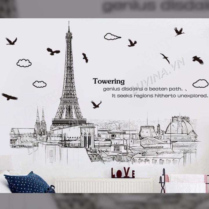 Decal dán tường trang trí quán cafe, văn phòng,phòng khách - Thành phố Paris nâu