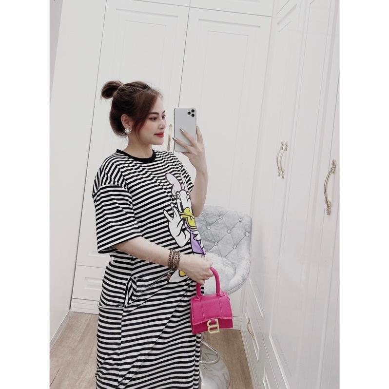 Váy Thun Kẻ In Hình Phom Rộng Dáng Dài Bầu Bí Mặc Thoái Mái