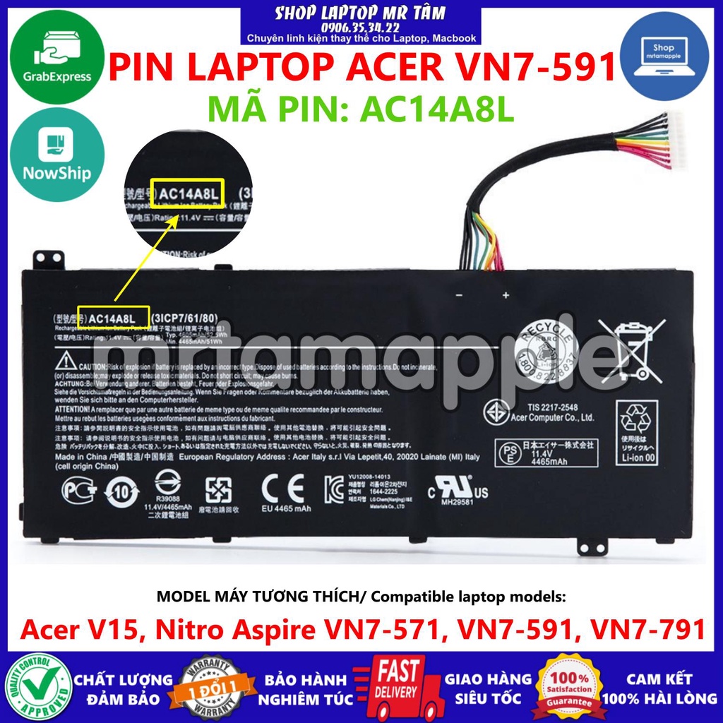 (BATTERY) PIN LAPTOP ACER VN7-591 AC14A8L (ZIN) (3 CELL) dùng cho Acer V15, Nitro Aspire VN7-571, VN7-591, VN7-791