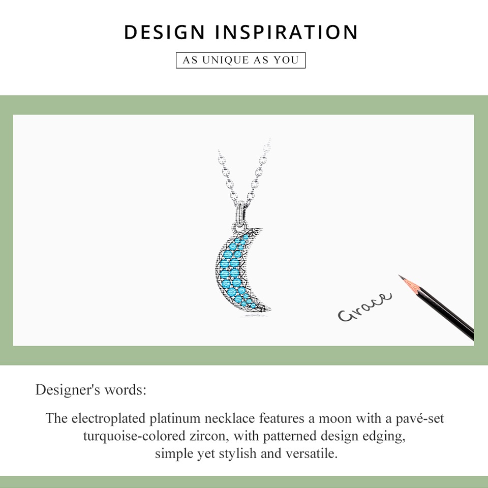 BAMOER Vòng cổ Bạc 925 Mặt Hình Mặt Trăng Đính Đá Ngọc Lam Thời Trang Cho Nữ