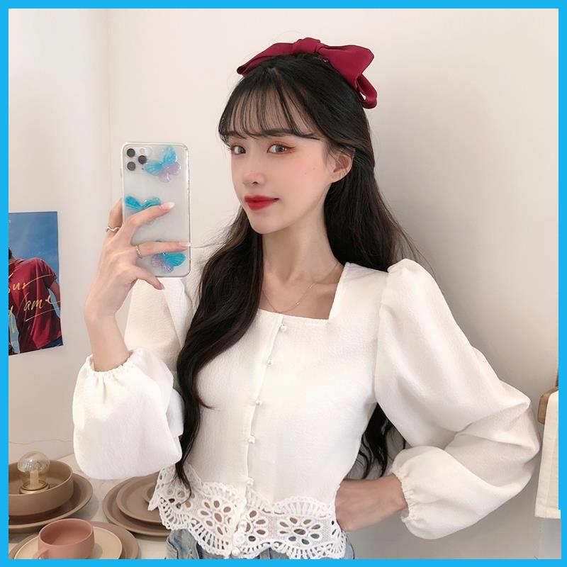 Trang phục mùa thu mẫu mới 2020 áo sơ mi trắng phối ren tay phồng kiểu Pháp phong cách Hàn Quốc cổ vuông cảm giác thiết kế cho nữ