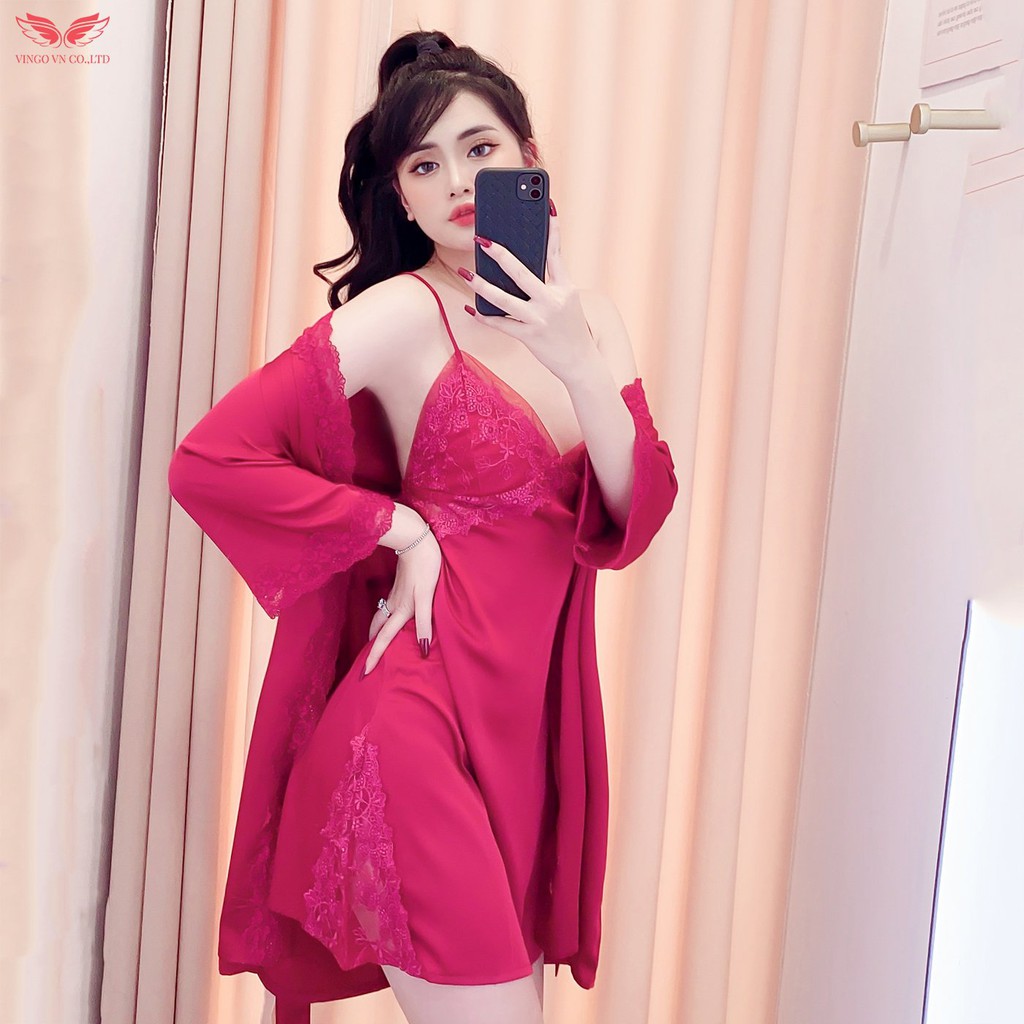 Set Áo Choàng Lụa Tay Lỡ Kèm Váy Ngủ VINGO Hai Dây Cao Cấp Phối Ren Gợi Cảm Sexy Có Lót Ngực M141 VNGO | BigBuy360 - bigbuy360.vn