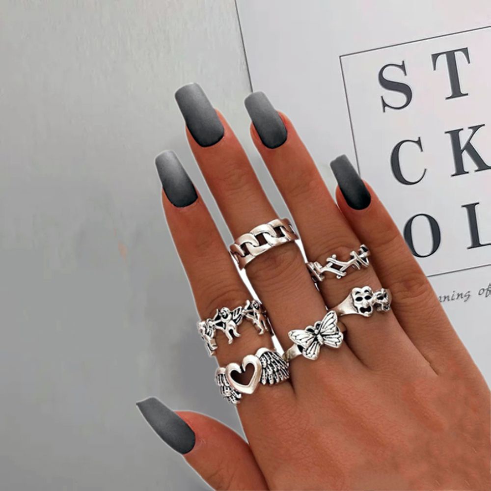 Set 6 nhẫn đeo khớp ngón tay họa tiết bướm/trái tim/đầu lâu phong cách gothic độc đáo cho nam nữ