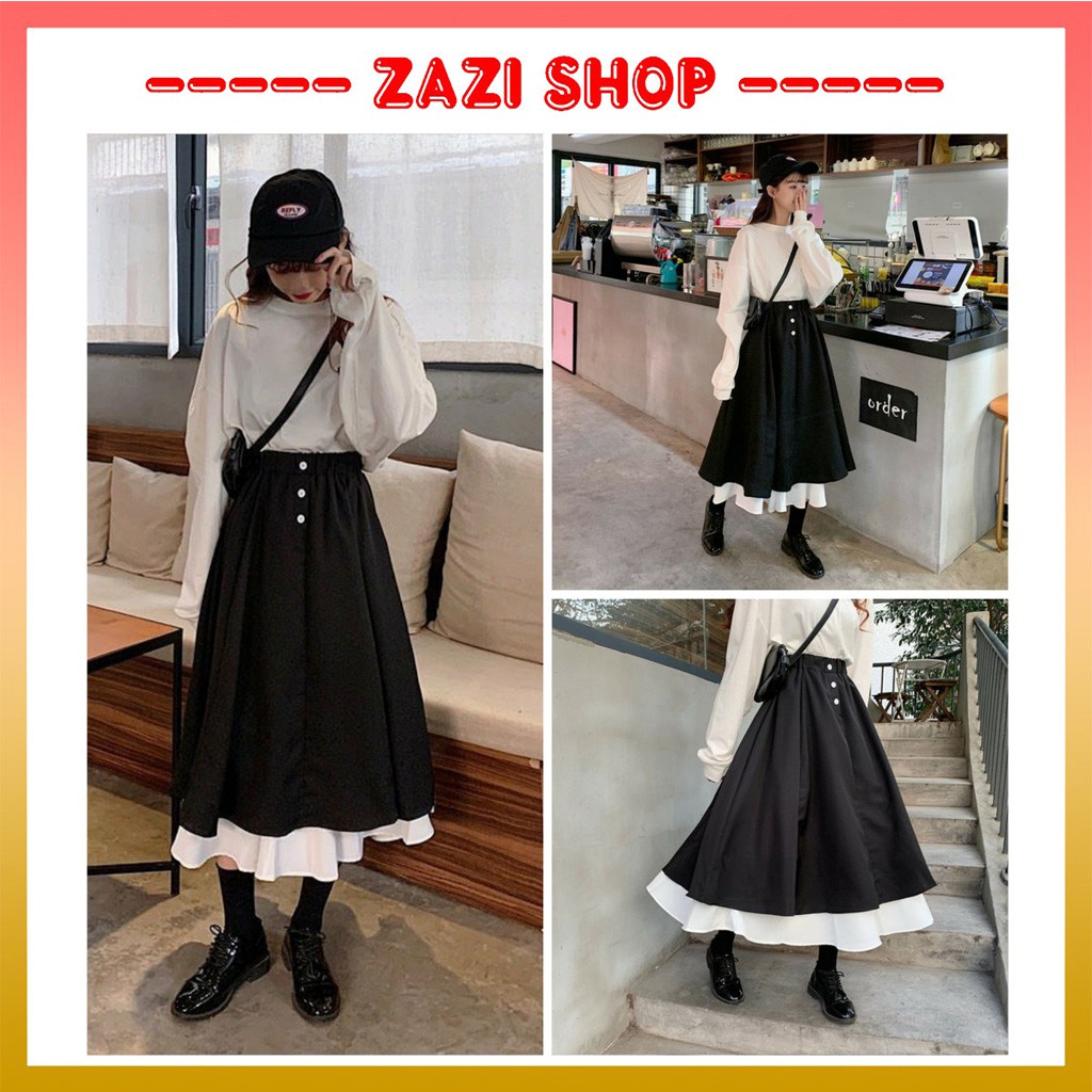Chân váy phối khuy trắng cạp cao, chân váy chữ A ❤ Chân váy xòe, chân váy dài - ZaZi CV11