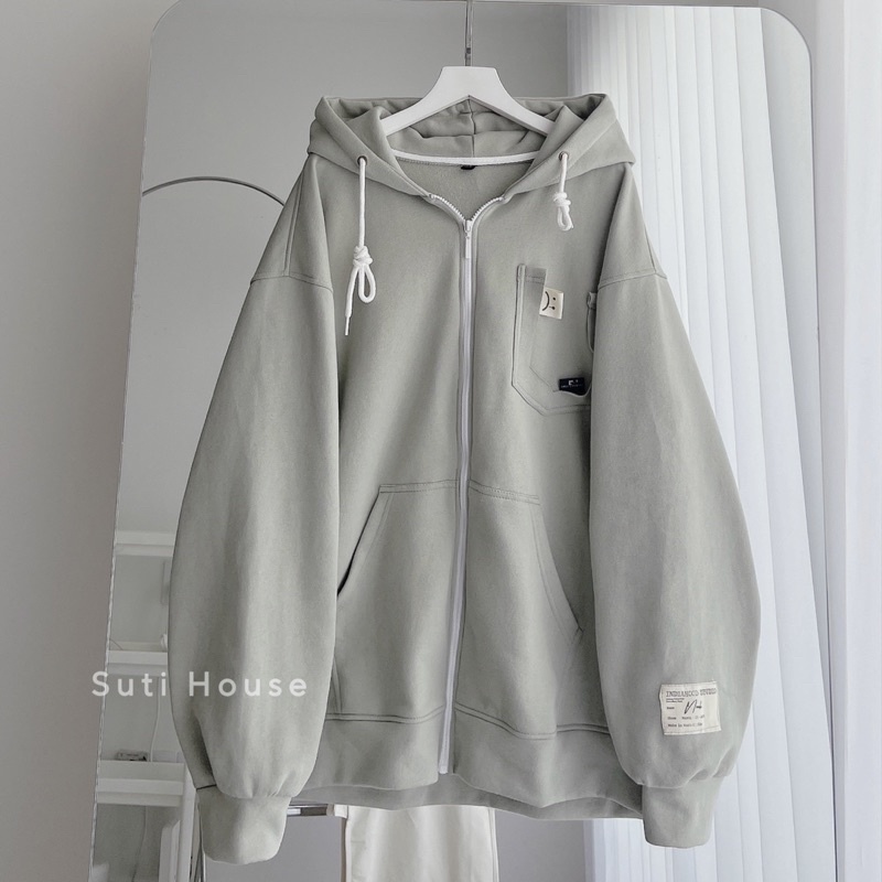 Áo Hoodie Zip SAD Túi Rách Màu Bơ Xám Khói Form Rộng Unisex - Suti House