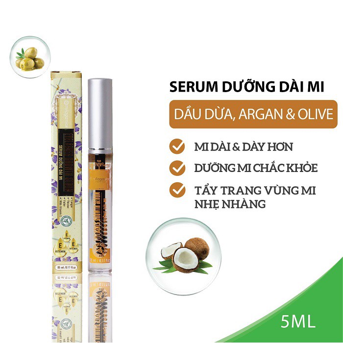 Serum dưỡng dài mi chiết xuất Dừa, Olive, Argan Milaganics 5ml