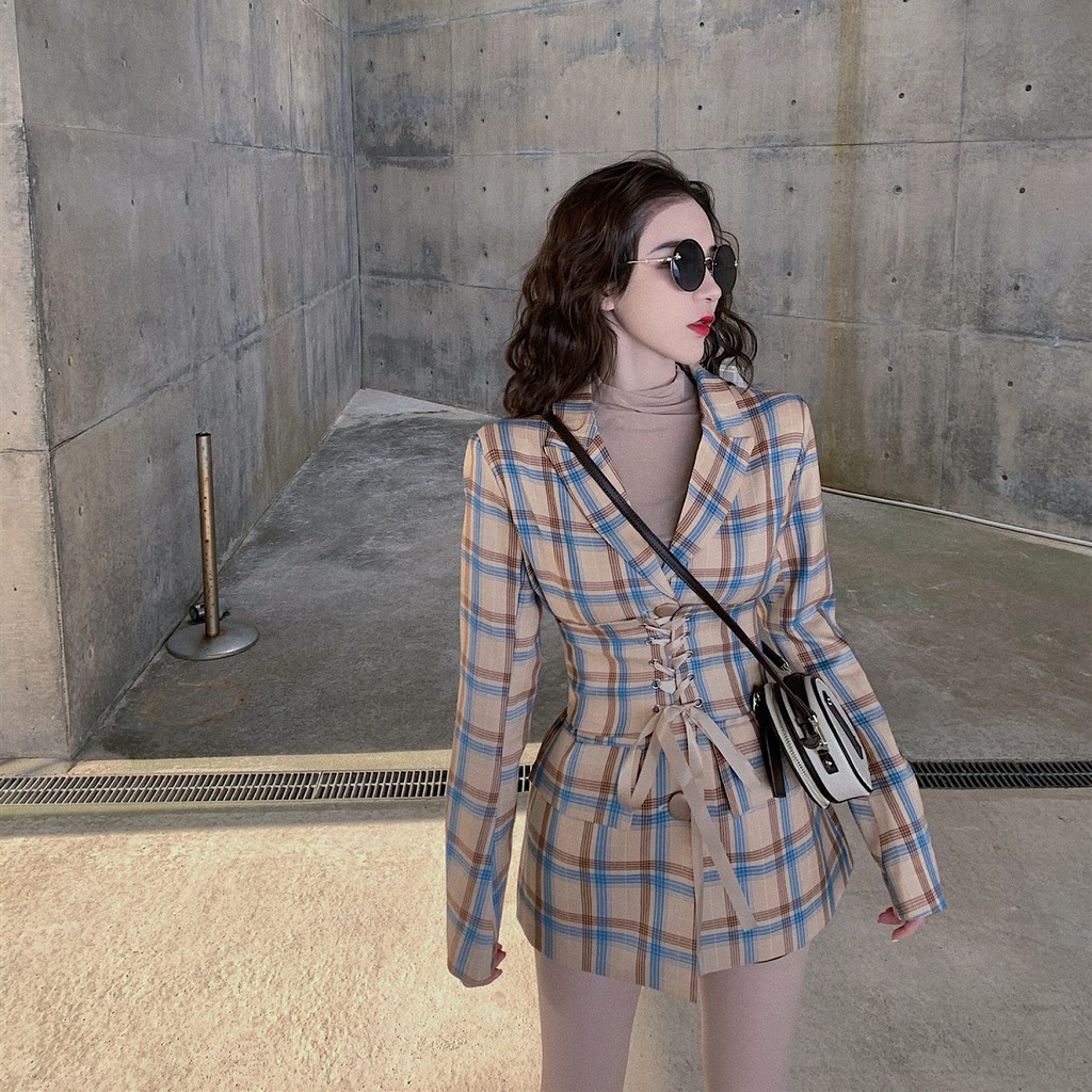 Áo blazer sọc caro kèm đai eo đan dây phong cách retro nữ tính (có hình thật) | BigBuy360 - bigbuy360.vn