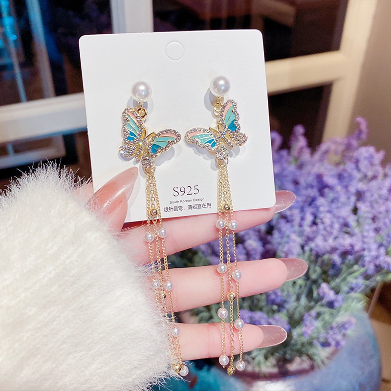 Bông Tai Hình Bướm Phối Tua Rua Đính Ngọc Trai Giả Cao Cấp Thời Trang Cho Nữ