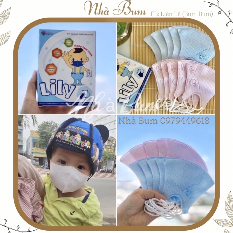 Khẩu trang Lily cho bé - Hộp 10 cái 5 xanh-5 hồng (không chọn màu)