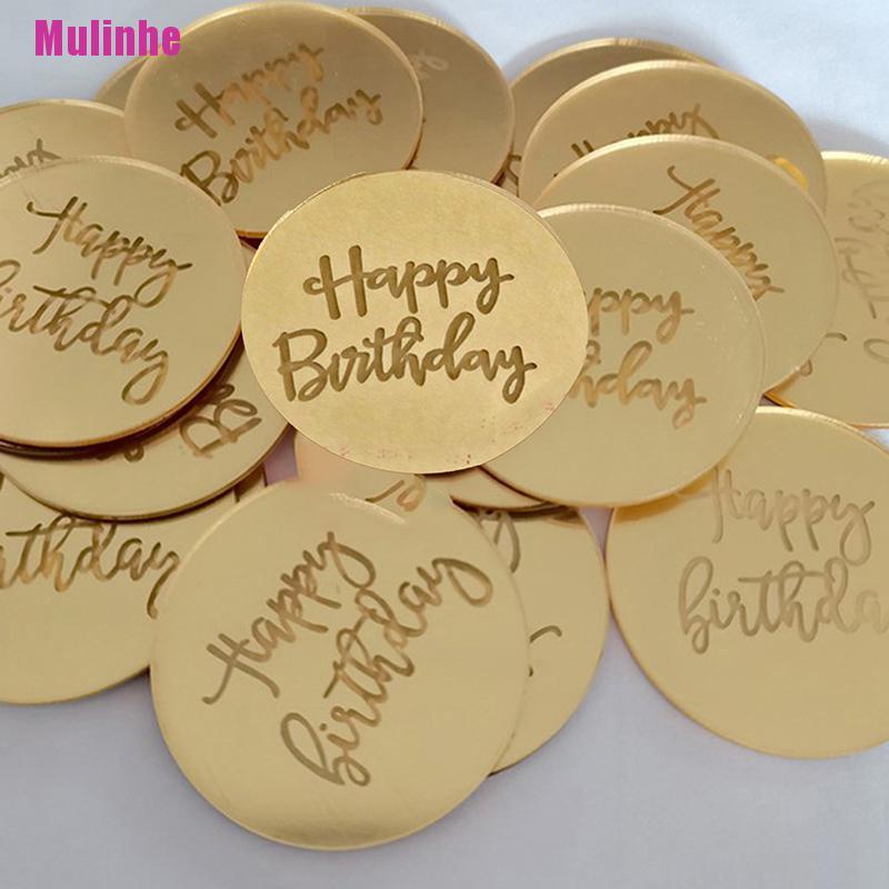 Bộ 10 Topper Cắm Bánh Kem Chữ Happy Birthday Bằng Acrylic Hình Tròn Màu Vàng Hồng