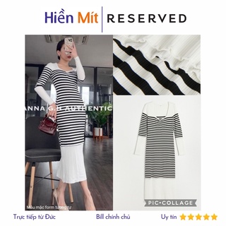 Reserved Đức - Đầm chính hãng auth new tag cao cấp có sẵn sale váy thun gân sọc 1870I-MLC tay dài trắng đen dáng midi