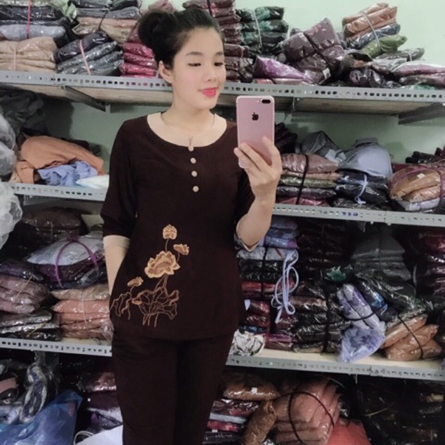 Đồ lam di chùa nữ vải thun co dãn cổ tròn phối tay lỡ,  Đồ lam đi chùa, Đồ-lam