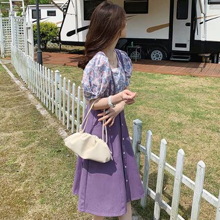 (ORDER) Set váy yếm hai dây xòe cài dọc khuy+ Áo sơ mi hoa tím style ngọt ngào mùa hè Hàn Quốc
