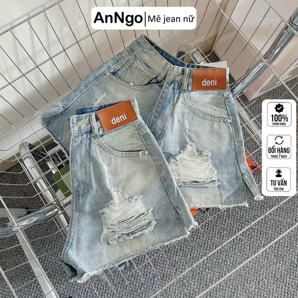 Quần short jean nữ lưng cao ống rộng, chất jean denim loang màu không co giãn Anngo - AT297