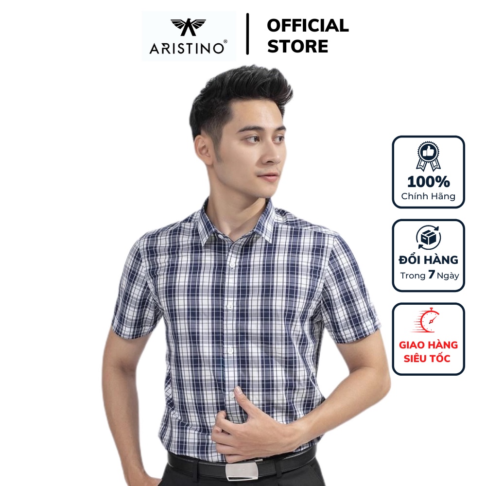 Áo sơ mi công sở nam ngắn tay Aristino màu trắng caro xanh lá dáng slim fit tà lượn vải sợi tre ASS003S9