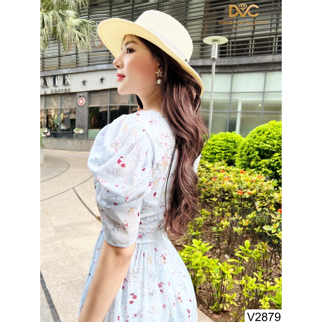 (kèm video+ảnh sàn)VÁY HOA XANH CỔ V PHỐI CÚC VẢI V2879 -  DOLCE VIVA COLLECTION