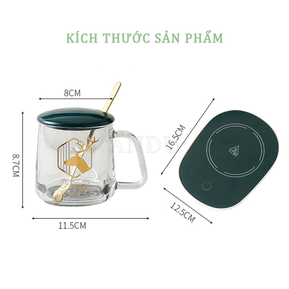 Cốc Hâm Nóng Thủy Tinh Cao Cấp, Ly Thủy Tinh Kèm Đế Điện Hâm Nóng + Tặng Thìa Mạ Vàng Tiện Lợi