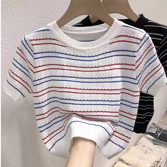Áo thun dệt kim nữ - Áo croptop nữ kẻ ngang cổ tròn tay ngắn phối màu trẻ trung năng động