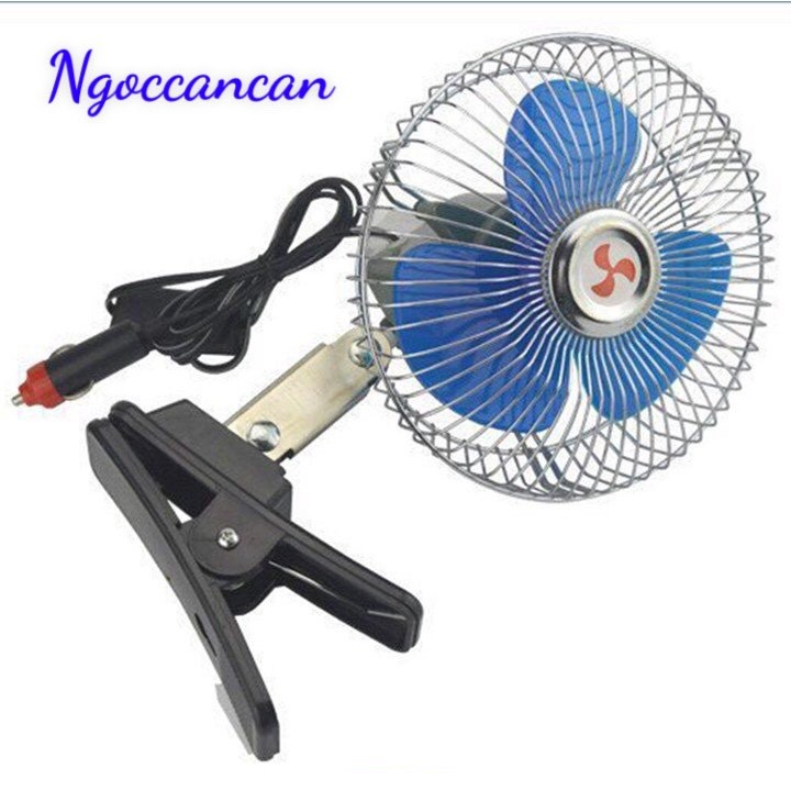 Quạt kẹp ô tô, xe tải lồng sắt 12v và 24v cánh xanh đường Kính 22cm