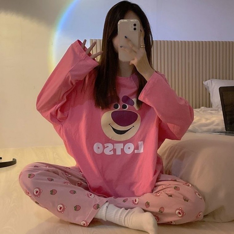 Bộ Đồ Ngủ Tay Dài In Hình Gấu Và Dâu Tây Dễ Thương Phong Cách Nhật Bản Thời Trang Xuân Thu Cho Nữ