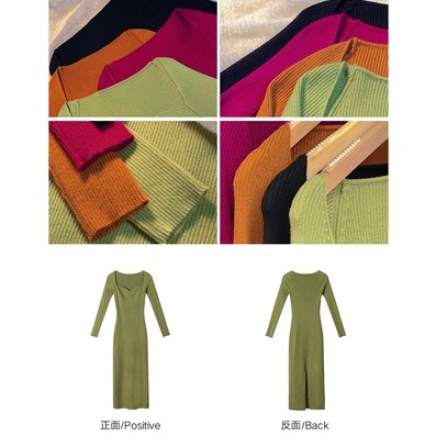 Đầm dệt kim tay dài cổ vuông thiết kế mới thời trang mùa thu theo phong cách vintage dành cho nữ