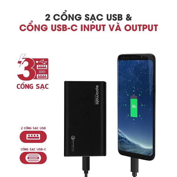 Pin Sạc Dự Phòng Promate Powerpeak-10 10000 mAh QC3.0 3 Cổng Type-C MicroUSB - Hàng Chính Hãng