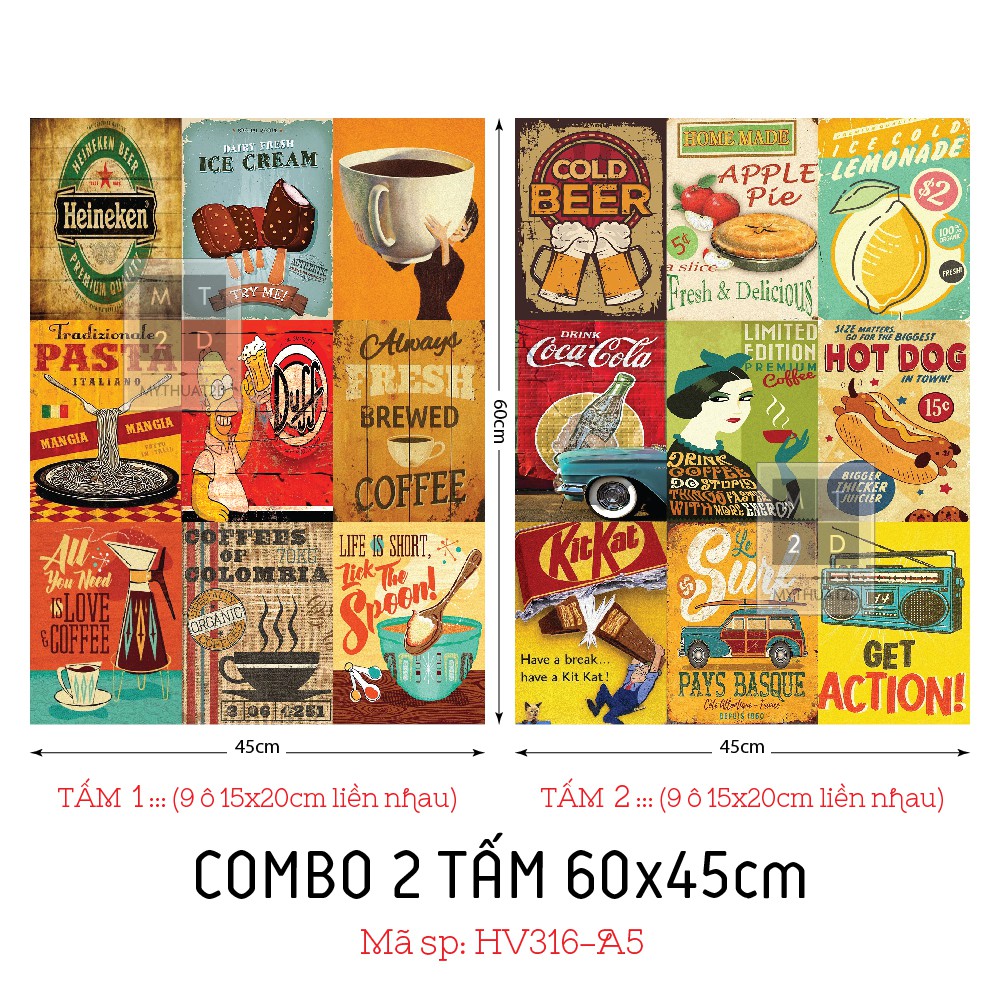 COMBO 2 TẤM DECAL TRANG TRÍ VINTAGE - RETRO, KT: 60x45cm x 2 tấm