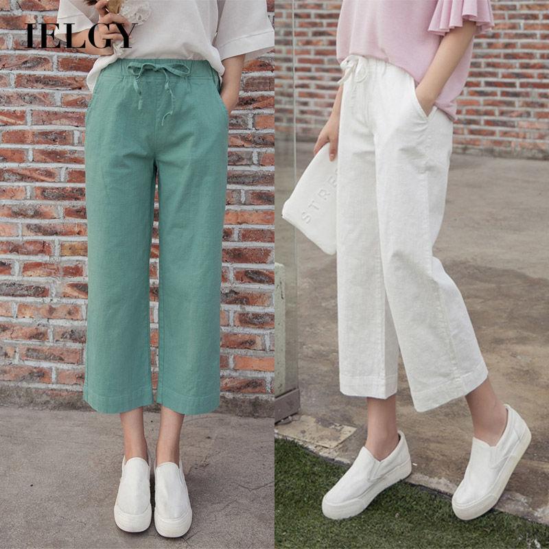 Quần dài IELGY ống rộng chất liệu cotton lanh phong cách Hàn Quốc thời trang dành cho nữ