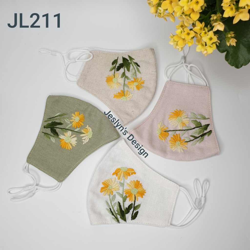 Khẩu trang thêu tay vải linen hình hoa  JL211