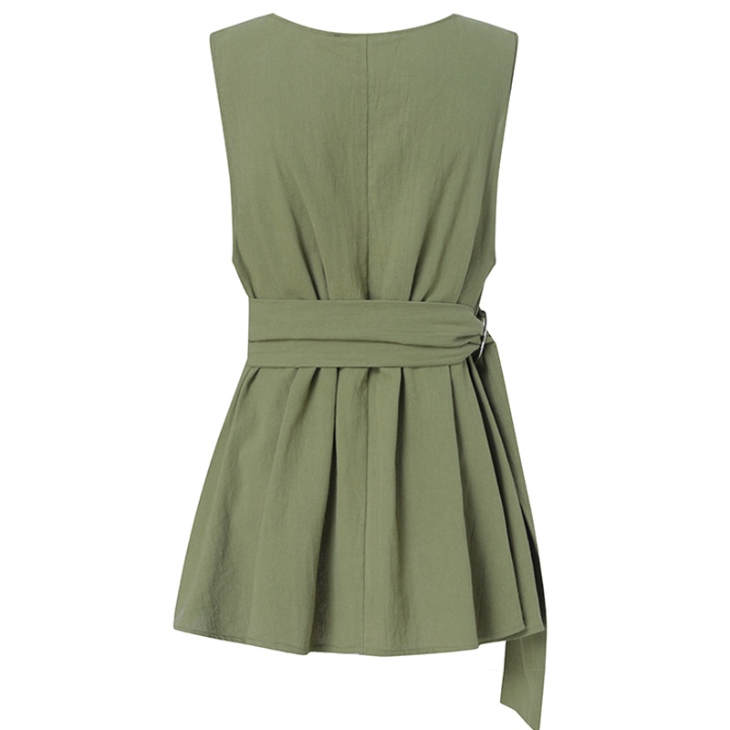 Áo Kiểu ZANZEA Cổ Tròn Màu Trơn Không Tay Có Thắt Lưng Cho Nữ Mặc Thường Ngày