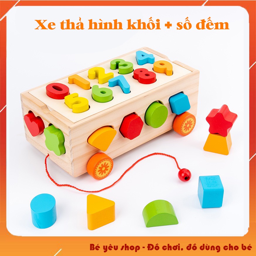 Đồ chơi gỗ xe kéo thả hình khối kèm số đếm - đồ chơi gỗ thông minh