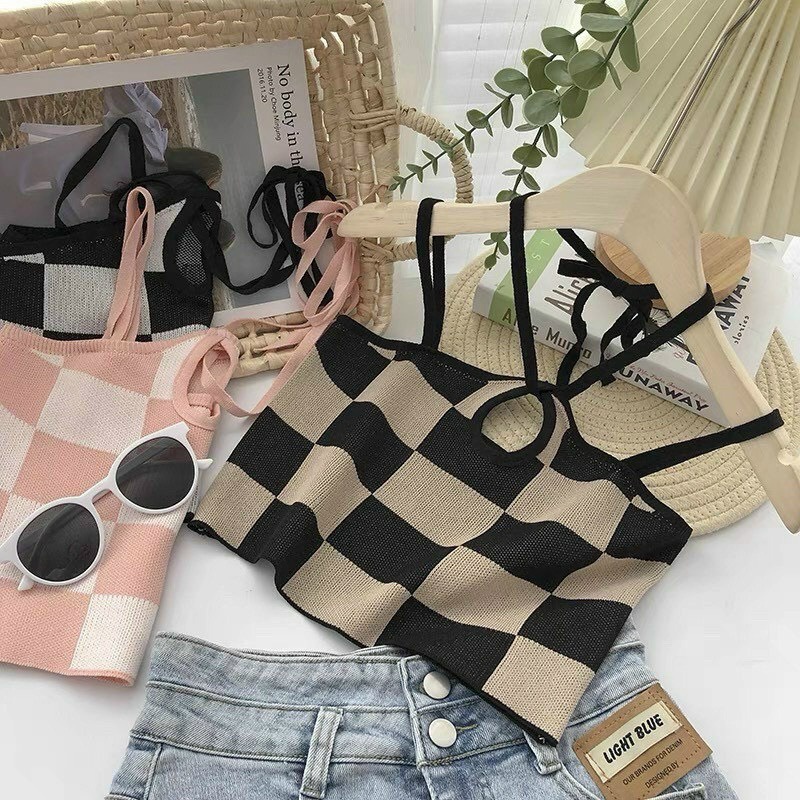 Áo croptop nữ kẻ sọc caro 2 dây luồn dây tròn cột cổ sexy Cá tính nữ
